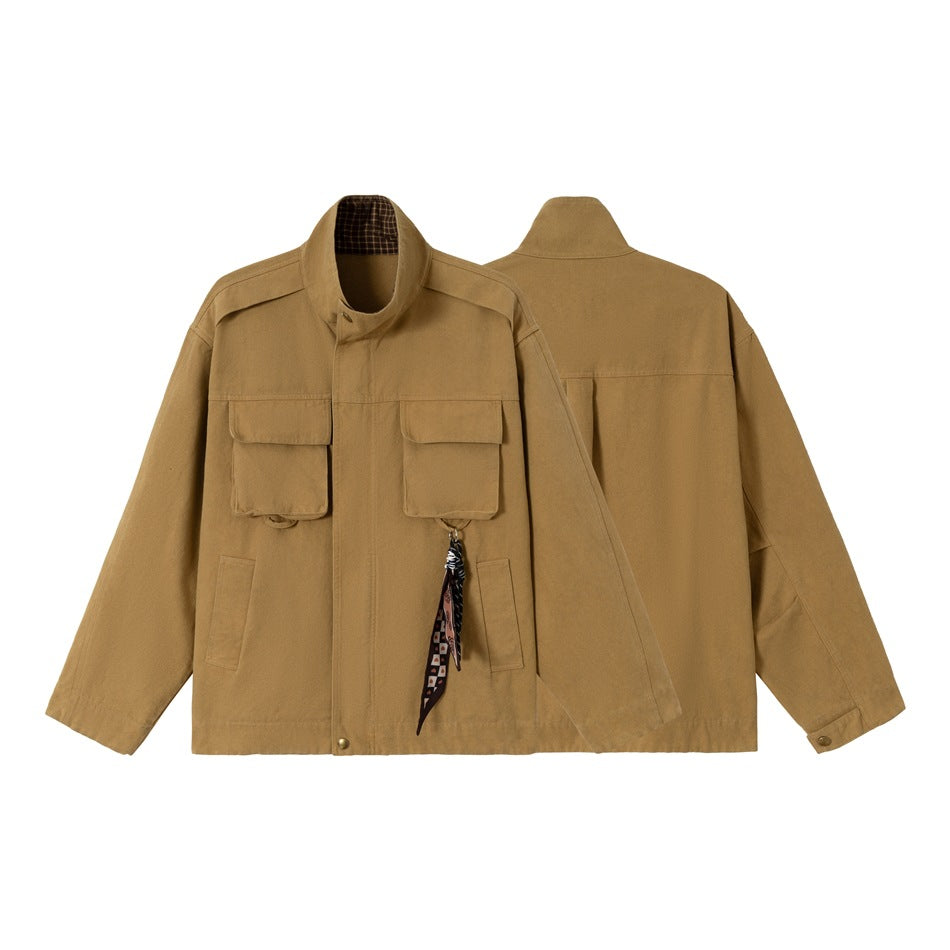 Herren Kurz geschnittene robuste Fieldjacke aus Baumwollcanvas mit Stehkragen und aufgesetzten Taschen Drune