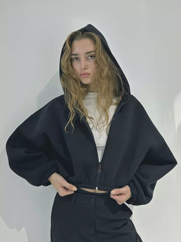 Damen cropped Kapuzenpullover mit voluminösen Ärmeln Drune