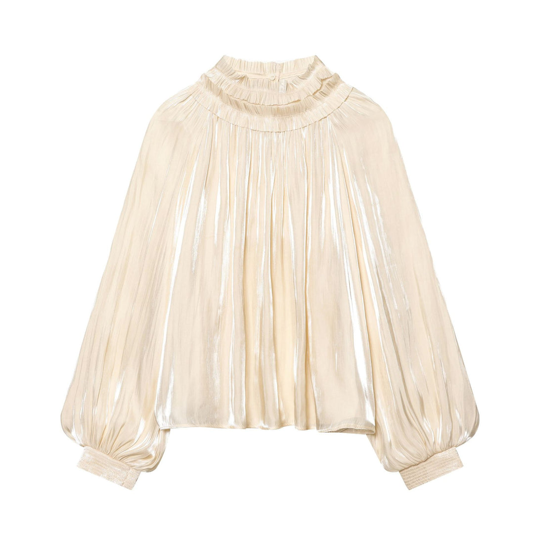 Damen nan plissierte Highneck-Bluse mit Volantkragen, Ballonärmeln und elastischen Bündchen Drune