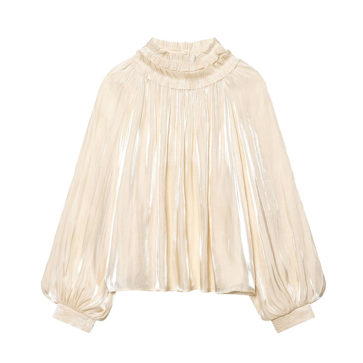 Damen nan plissierte Highneck-Bluse mit Volantkragen, Ballonärmeln und elastischen Bündchen Drune