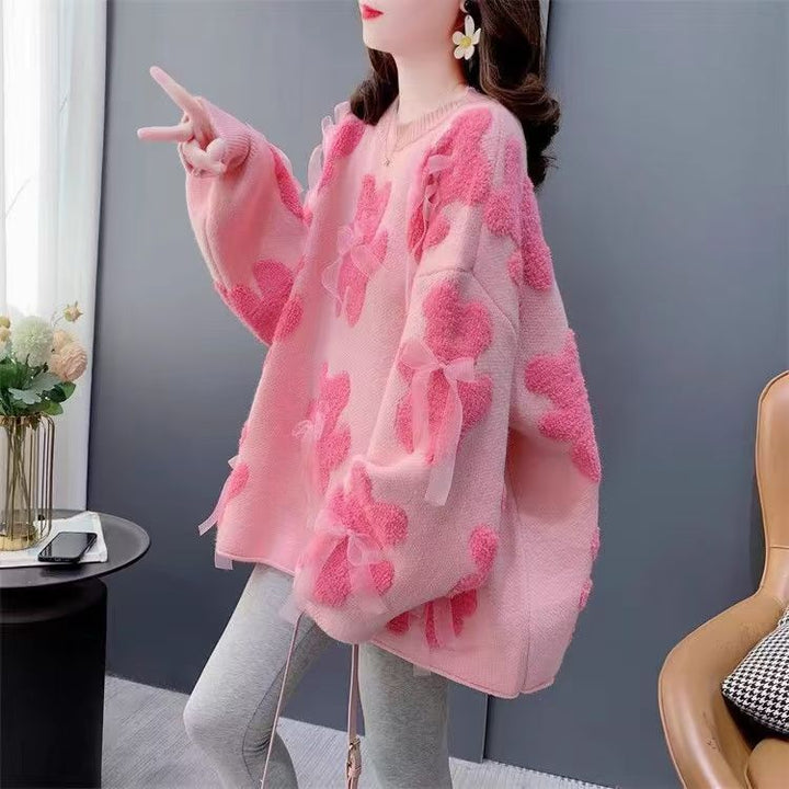 Damen flauschige Strickjacke mit verspielten Bärenapplikationen und entzückenden Schleifen Drune