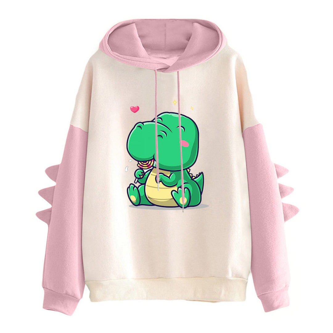 Damen nan Kapuzenpullover mit niedlichem Dinosaurierprint, kuscheligem Innenfutter und dreidimensionalen Ärmeldetails Drune