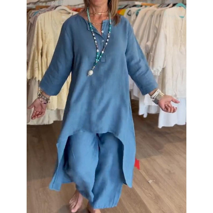 Damen Midilanges Leinen-Tunika-Set mit asymmetrischem Saum und weiter Palazzo-Hose Drune