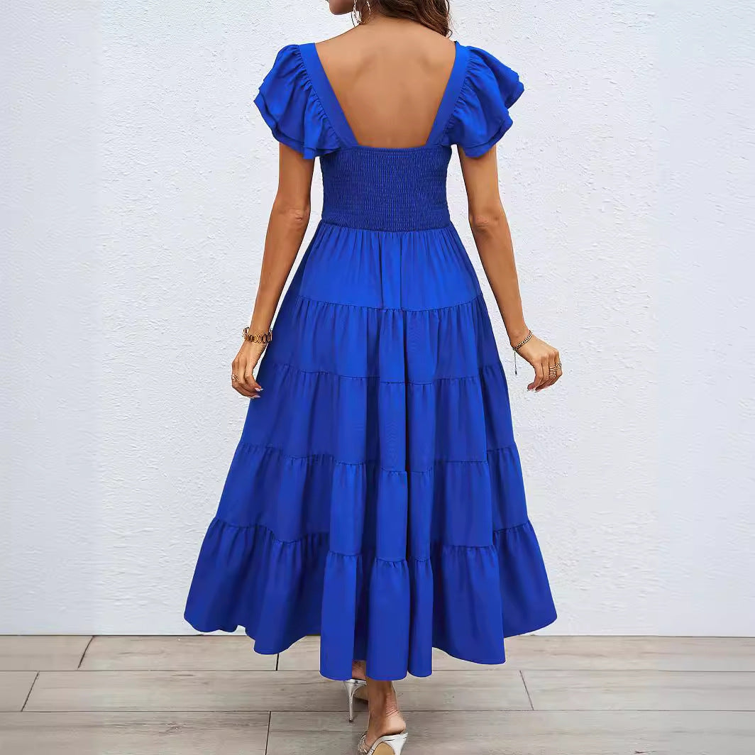Damen Maxikleid mit voluminösen Rüschendetails und schwingendem Rock Drune