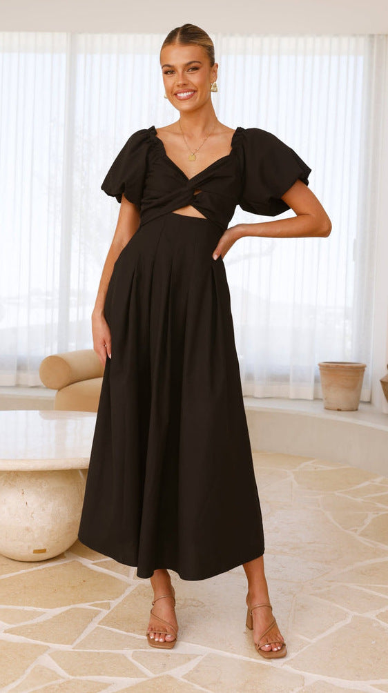 Damen Midikleid mit verspieltem Knotendetail und puffärmeligem Design Drune