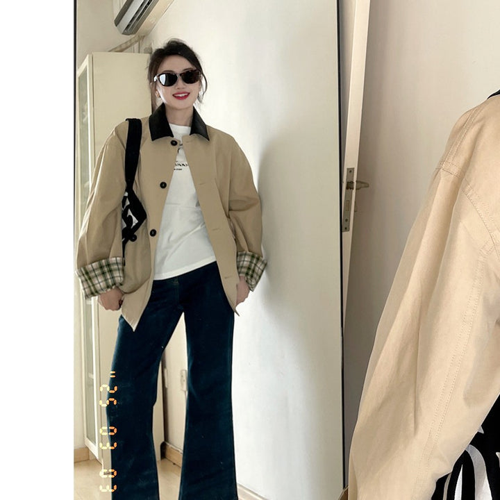 Damen Kurztrenchjacke im Oversize-Schnitt mit Kontrastkragen und karierten Umschlagmanschetten Drune