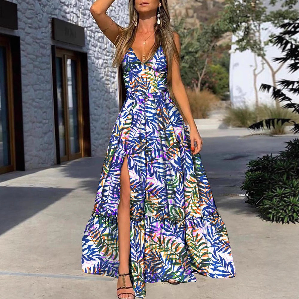 Damen Maxikleid mit tropischem Druck und voluminösem Rock Drune