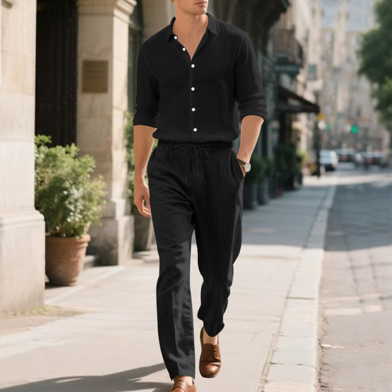 Herren entspannte Leinenhose mit verstellbarem Kordelzug und elastischem Bund Drune