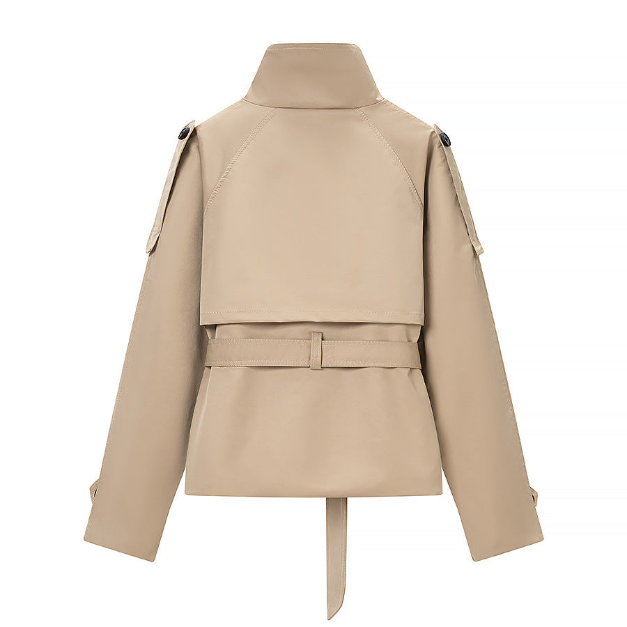 Damen Kurz geschnittener taillierter Trenchcoat mit hoher Knopfleiste und Taillengürtel Drune