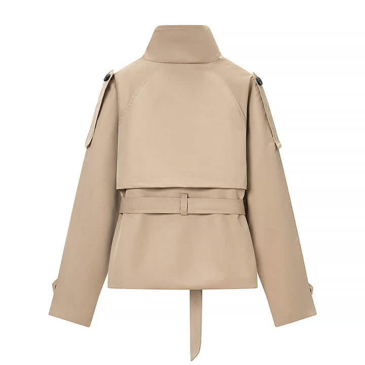 Damen Kurz geschnittener taillierter Trenchcoat mit hoher Knopfleiste und Taillengürtel Drune