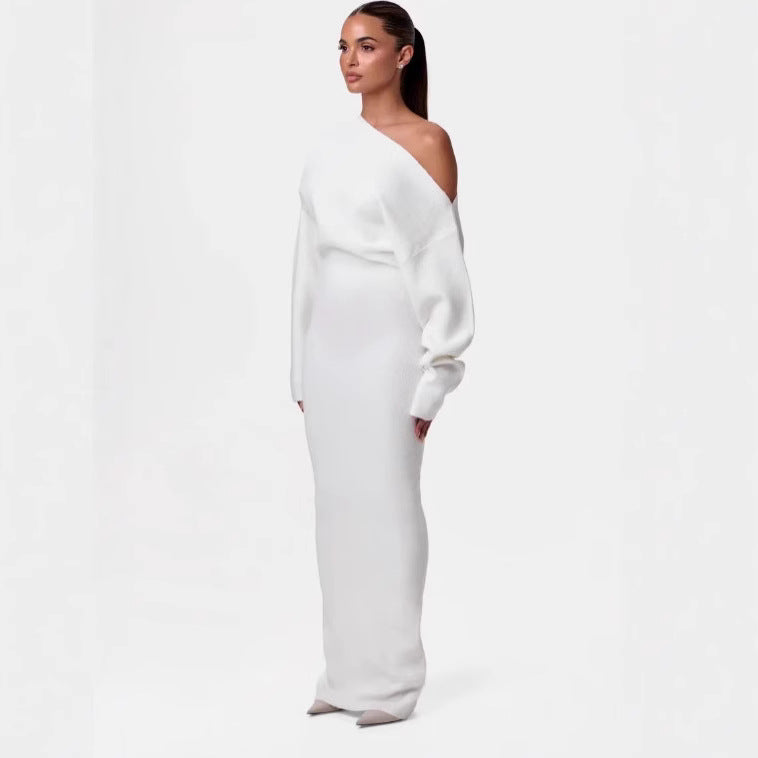 Damen One-Shoulder Maxi Strickkleid mit Übergroßen Ärmeln Drune