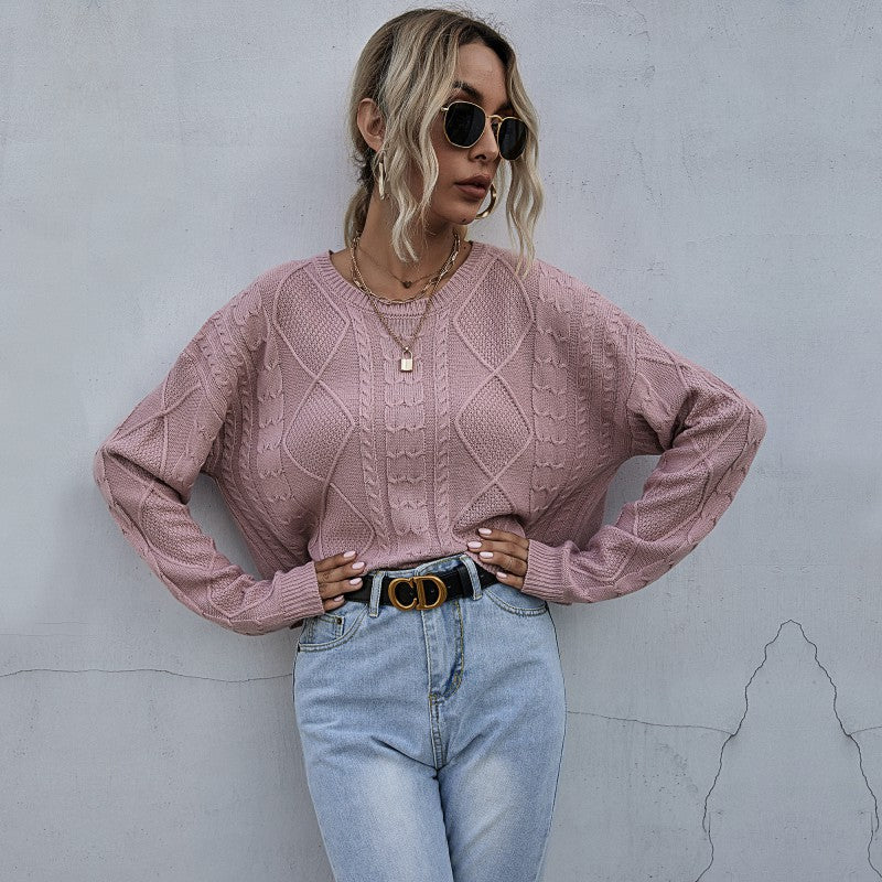Damen Lässiger Oversize-Strickpullover mit geometrischem Zopfmuster und tiefen Ärmelabschlüssen Drune