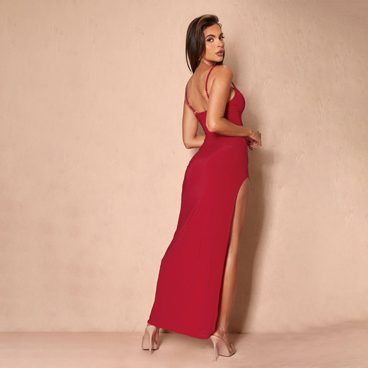 Damen elegantes Spitzen-Maxikleid mit zarten Trägerspitzendetails Drune