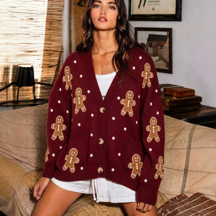 Damen nan oversized Strickcardigan mit Lebkuchenstickerei und tiefem V-Ausschnitt Drune