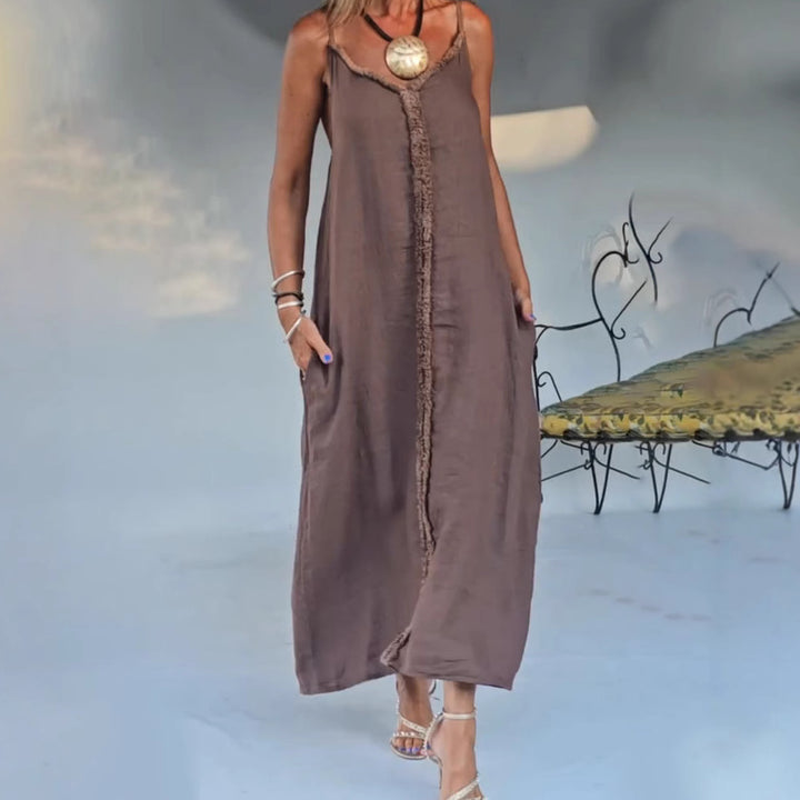 Damen nan luftiges Leinenoptik-Maxi-Trägerkleid mit fransiger Mittelnaht und Eingrifftaschen Drune