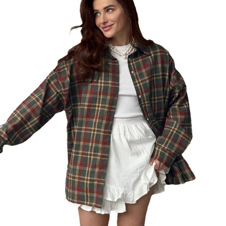 Damen Karobluse aus bequemer Baumwolle mit Button-Down-Kragen und langem Arm Drune