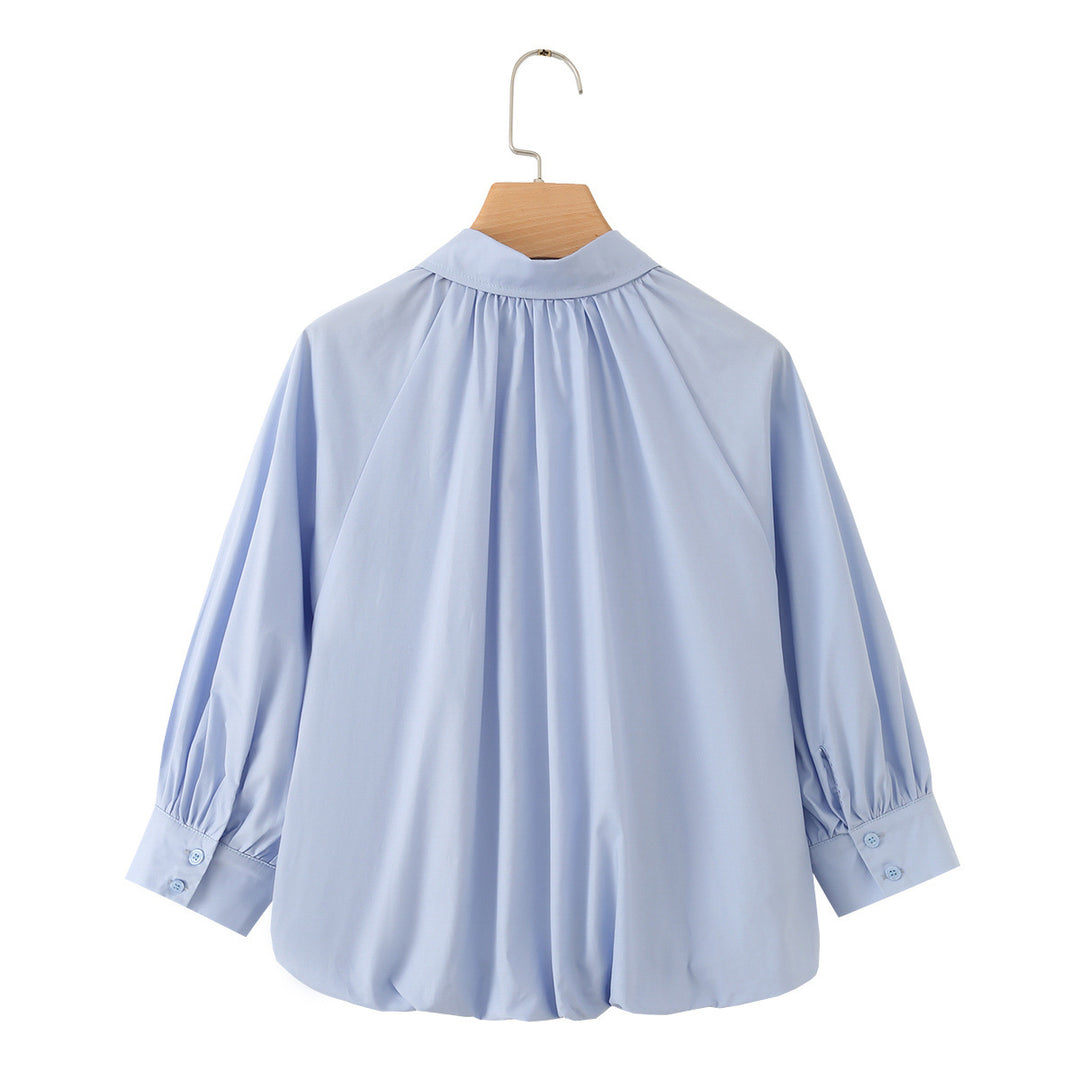 Damen Weites Blusenshirt mit Kellerfalten Ballonärmeln und Hemdkragen Drune