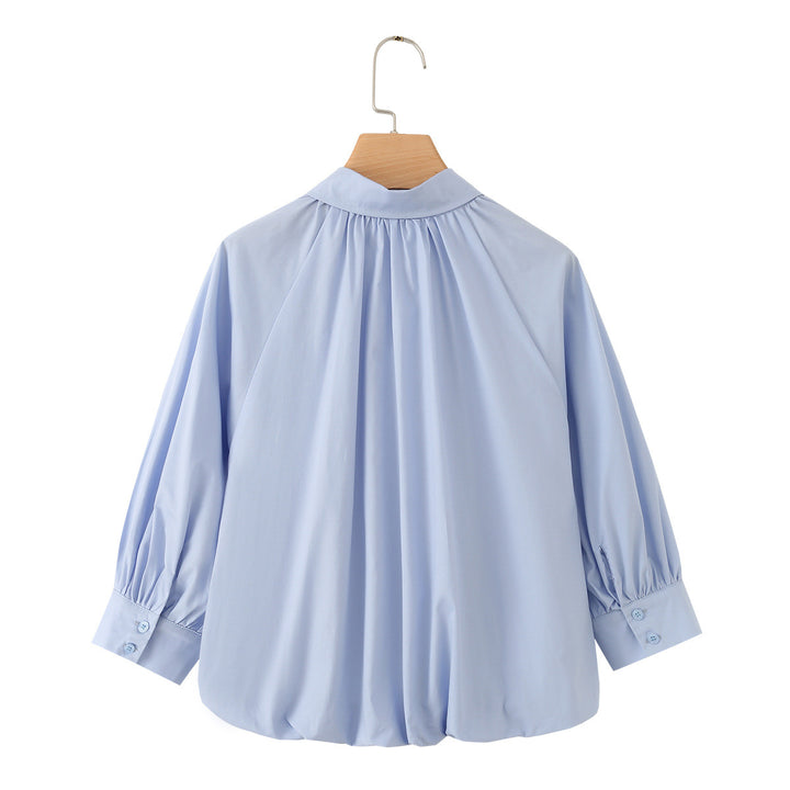 Damen Weites Blusenshirt mit Kellerfalten Ballonärmeln und Hemdkragen Drune