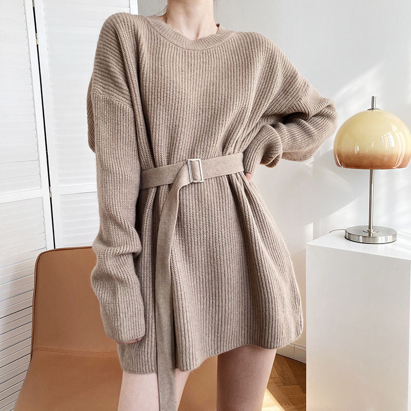 Damen Modischer Strickpullover mit Gürtel Drune