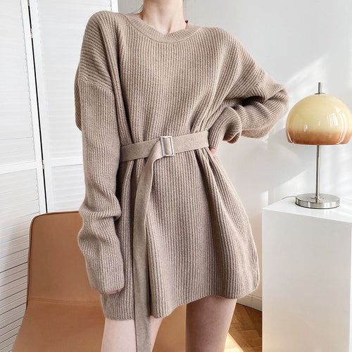 Damen Modischer Strickpullover mit Gürtel Drune