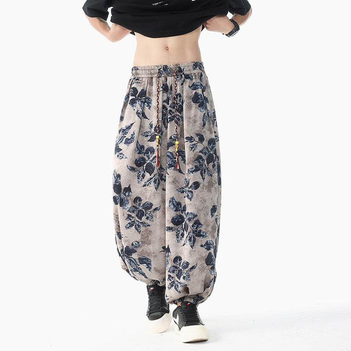 Damen nan lässige Pluderhose im Ethno-Print mit elastischem Bund, Kordelzug und gesmokten Bündchen Drune