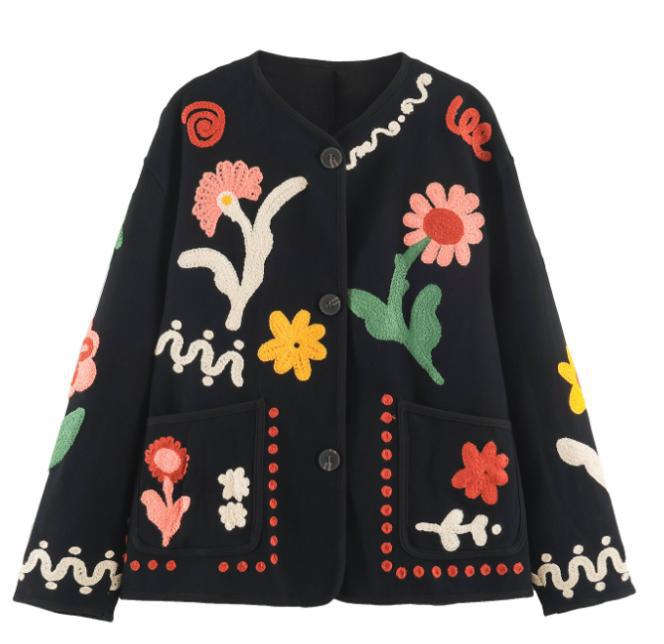 Damen bestickte Boxy-Jacke mit floraler Applikation und aufgesetzten Taschen Drune