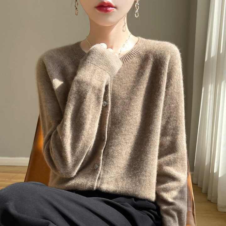 Damen Kurzgeschnittener Feinstrick-Cardigan mit Rundhalsausschnitt und schimmernder Knopfleiste Drune