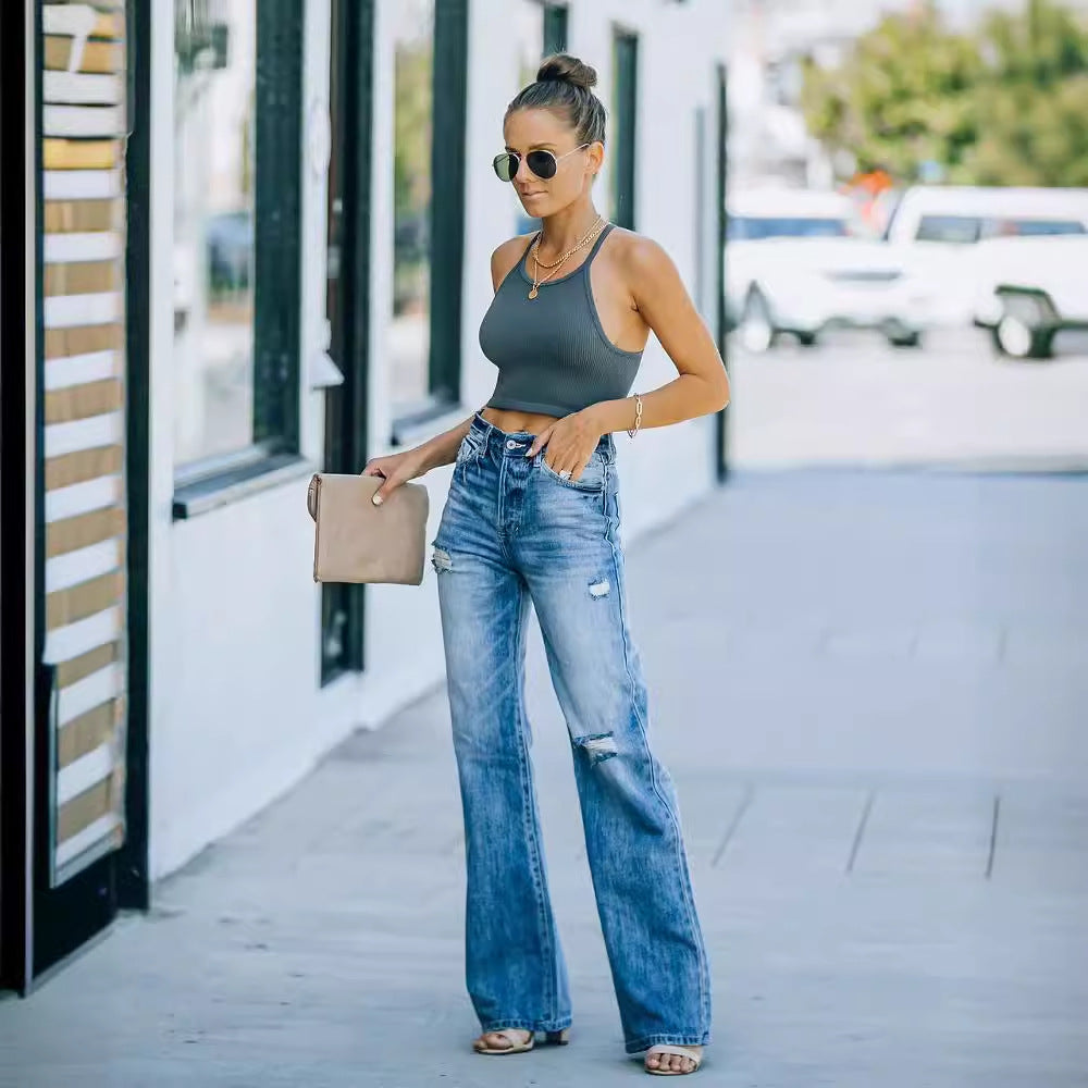 Damen lässige High-Waist Jeans mit weitem Bein Drune