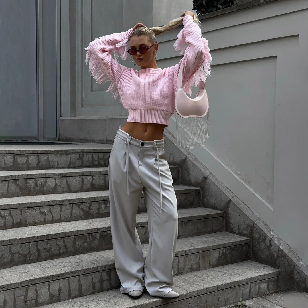 Damen Modischer Crop-Pullover mit Fransen Drune