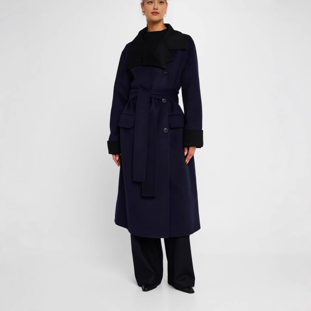 Damen Taillierter Wollmix-Mantel mit Bindegürtel, kontrastiertem Revers und Pattentaschen Drune