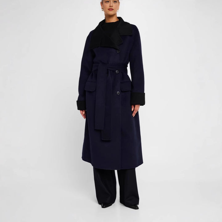 Damen Taillierter Wollmix-Mantel mit Bindegürtel, kontrastiertem Revers und Pattentaschen Drune