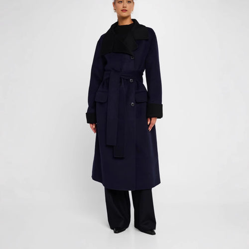 Damen Taillierter Wollmix-Mantel mit Bindegürtel, kontrastiertem Revers und Pattentaschen Drune