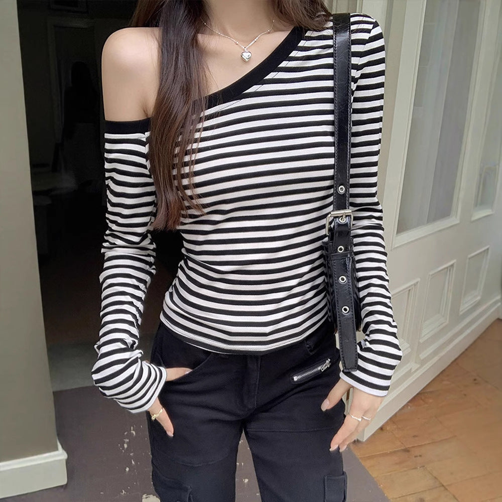 Damen Off-Shoulder Oberteil mit modischem Streifenmuster und figurbetontem Schnitt Drune