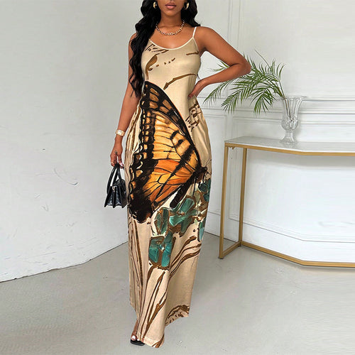 Damen Maxikleid mit kunstvollem Schmetterlingsdruck und Spaghettiträgern Drune