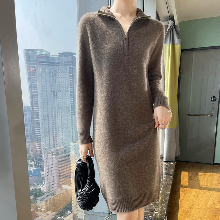 Damen elegantes Strickkleid mit hochgeschlossenem Kragen und Reißverschluss Drune