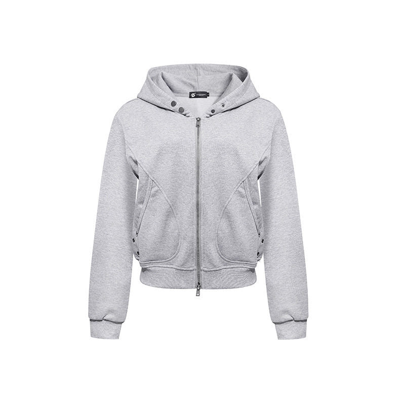 Damen Kurze taillierte Kapuzen-Sweatjacke mit Zwei-Wege-Reißverschluss und Eingrifftaschen Drune