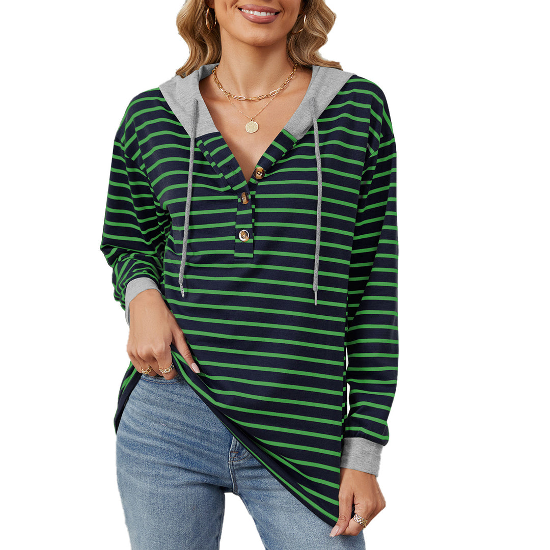 Damen lässiger Streifen-Hoodie mit Knopfleiste und bequemem Schnitt Drune