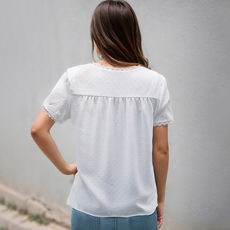 Damen luftiges Blusenshirt mit feinen Spitzenakzenten und modischem V-Ausschnitt Drune