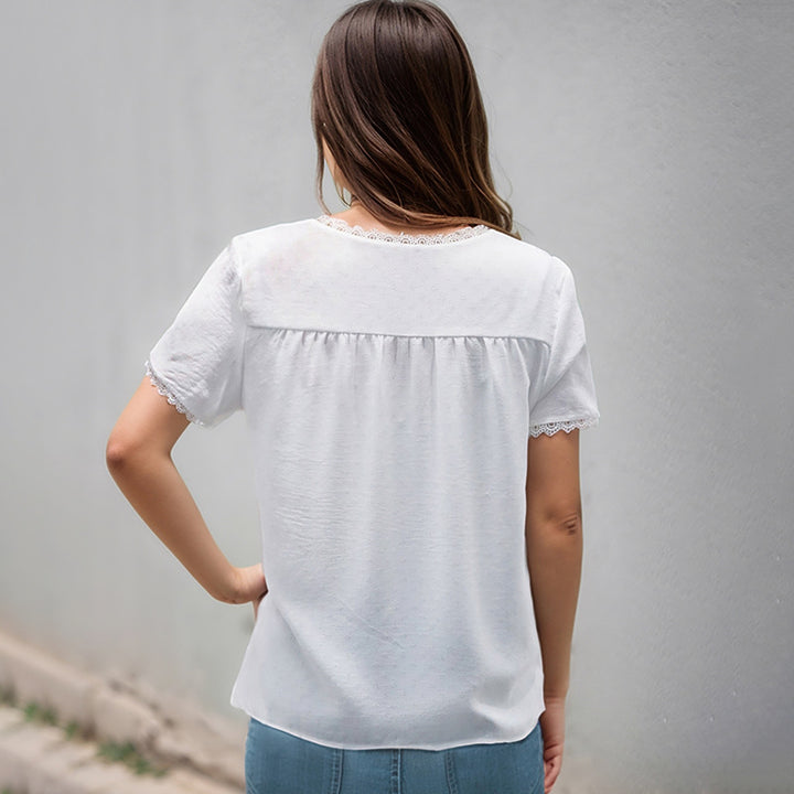 Damen luftiges Blusenshirt mit feinen Spitzenakzenten und modischem V-Ausschnitt Drune