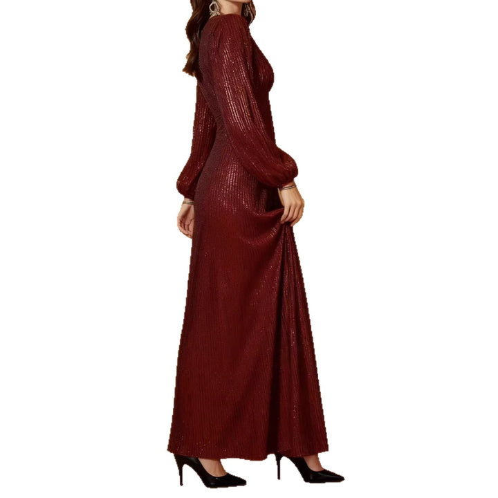 Damen Elegantes Abendkleid mit funkelndem Stoff und tiefem V-Ausschnitt Drune