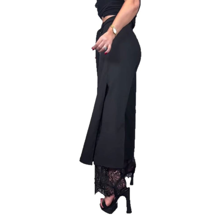 Damen nan taillierte hochgeschnittene Hose mit seitlichem Schlitz, transparenter Spitzen-Unterlage und Bindegürtel Drune