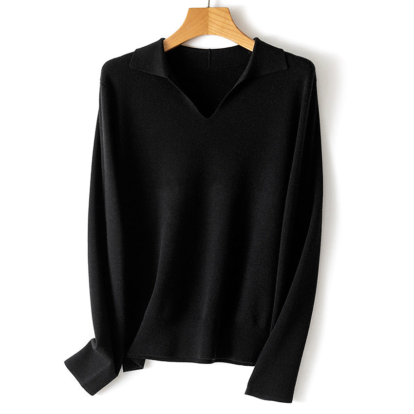 Damen feiner leichter V-Ausschnitt-Pullover mit offenem Hemdkragen und legerer Silhouette Drune