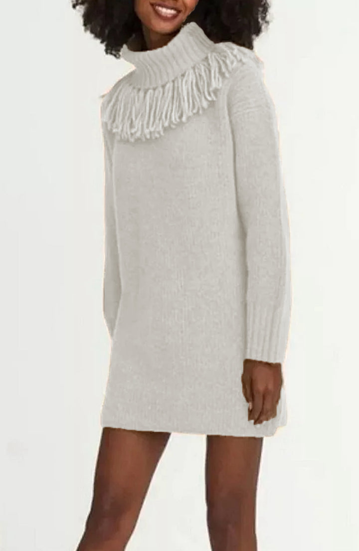 Damen Strickkleid mit dekorativer Fransenkante und hohem Rollkragen Drune