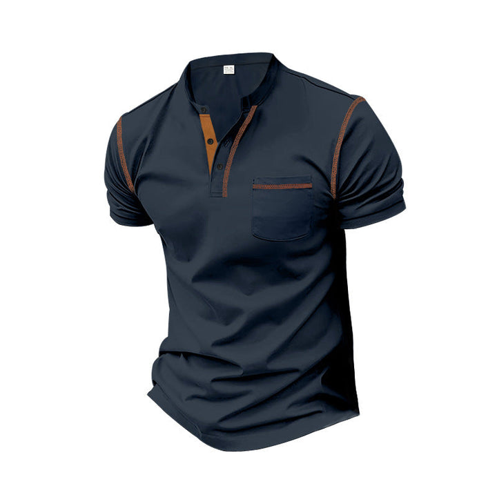 Herren nan Kurzarm-Polo im Henleystil mit Stehkragen, Brusttasche und Kontrastnaht Drune