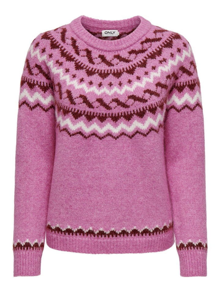 Damen nan melierter Rundhalsausschnittpullover mit kreisförmigem Jacquard-Yoke und geripptem Saum Drune