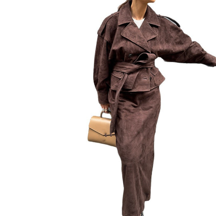 Damen modische Wildlederjacke mit passendem Rock im eleganten Set Drune