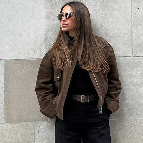 Damen Elegante Kunstlederjacke mit modernem Stehkragen Drune