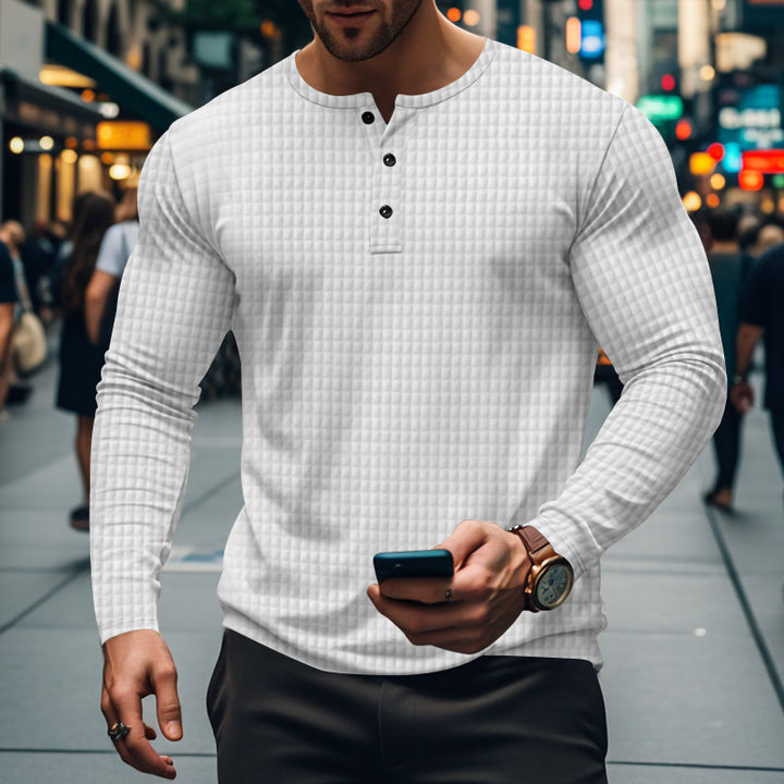 Herren nan figurbetontes Langarmshirt mit Rundhals-Knopfleiste und Waffelstruktur Drune