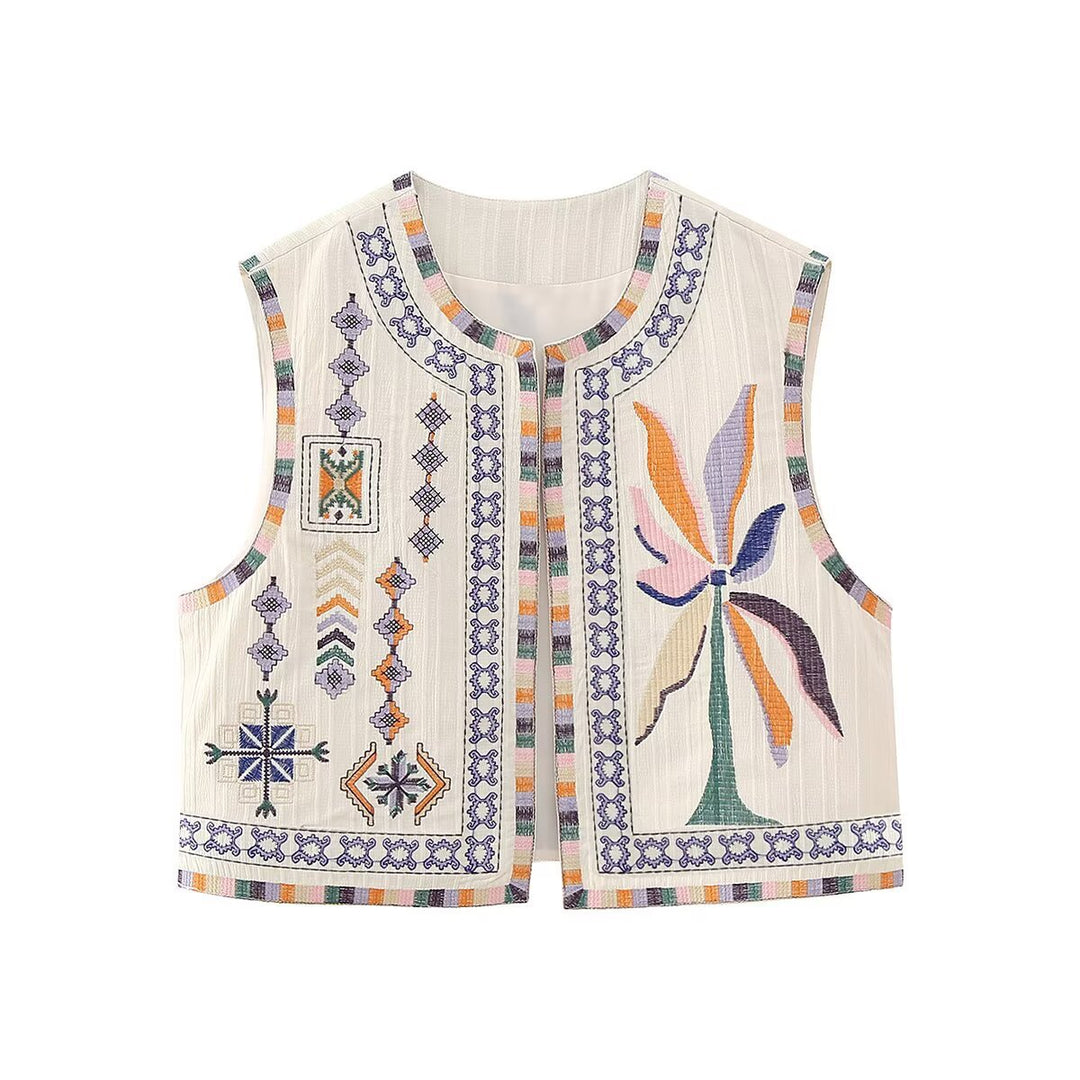 Damen bestickte ärmellose Boho‑Weste mit folkloristischen Motiven und offener Front Drune
