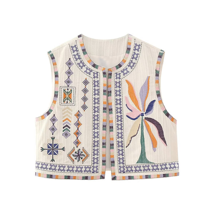 Damen bestickte ärmellose Boho‑Weste mit folkloristischen Motiven und offener Front Drune